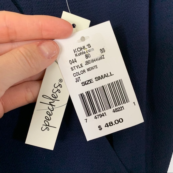 Juniors’ Speechless Mock Wrap Jumpsuit, Navy, S - Picture 5 of 7